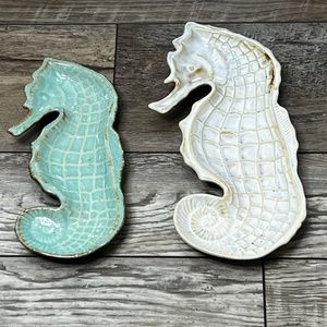 Coastal Ceramic Seahorse Trays Ocean Decor Set of 2